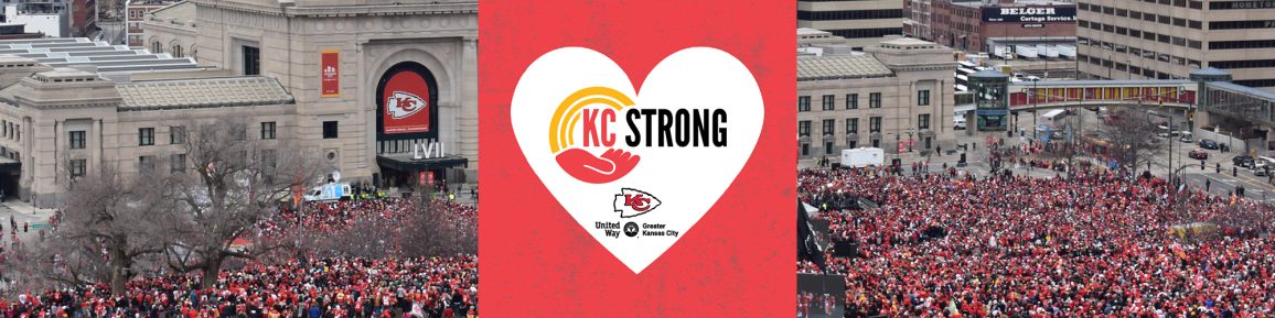 #KCStrong red heart logo with Chiefs logo, United Way of Greater Kansas City logo on background image of Chiefs celebration at Union Station